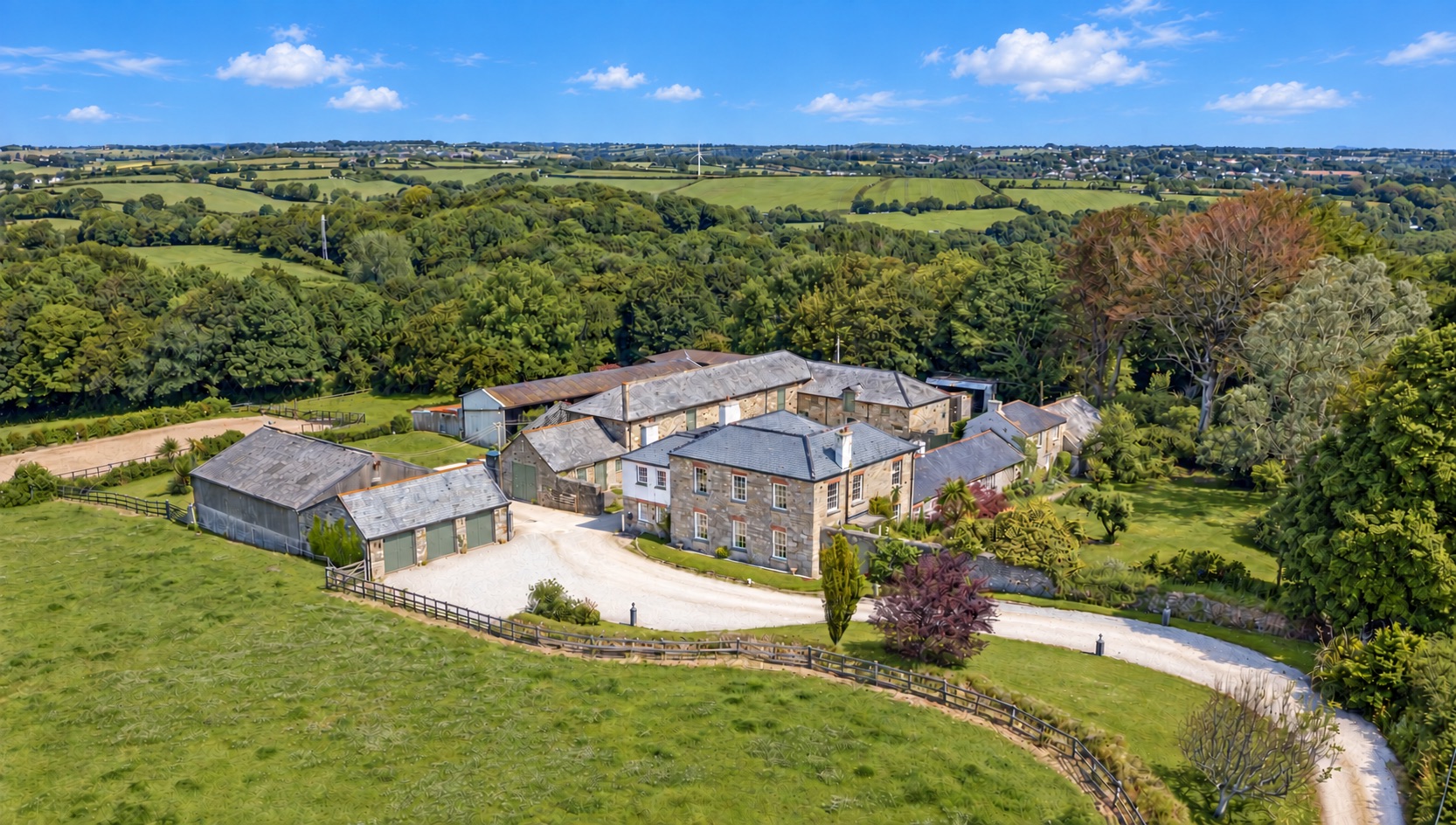 Aerial view of Cosawes Farm and its barns