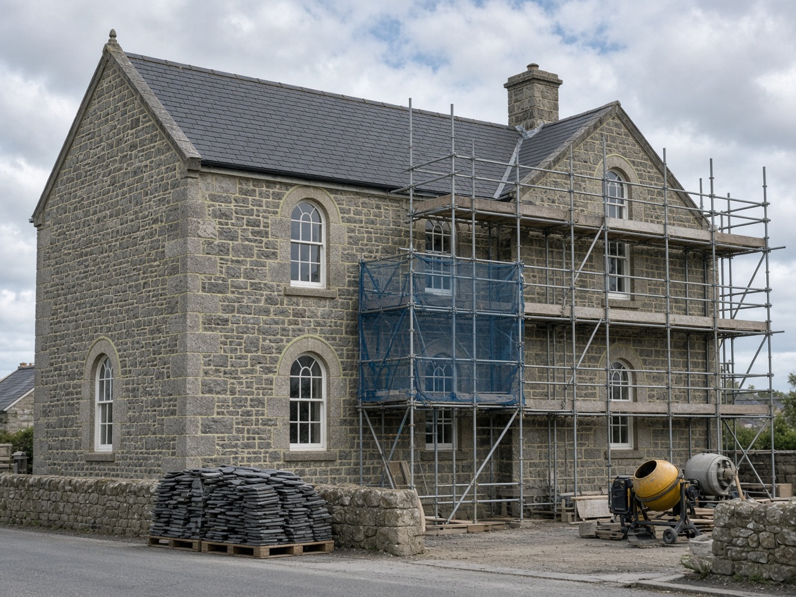 Historic stone building under scaffolding during repair works
